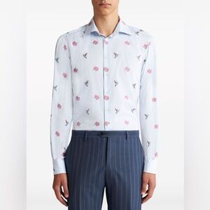 NWT $659 Etro Men’s Blue Striped Shirt Jacquard Bird Flowers Pattern 38 Small S